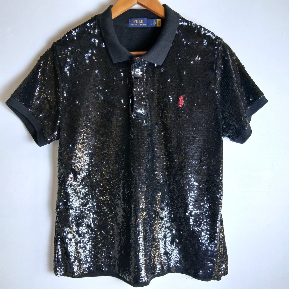 Polo Ralph Lauren Black Sequin Short Sleeve Polo Shirt Red Pony Logo Large - Picture 5 of 12